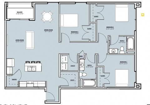 Floor plan for 3 beds, 2 baths, 1432 sqft